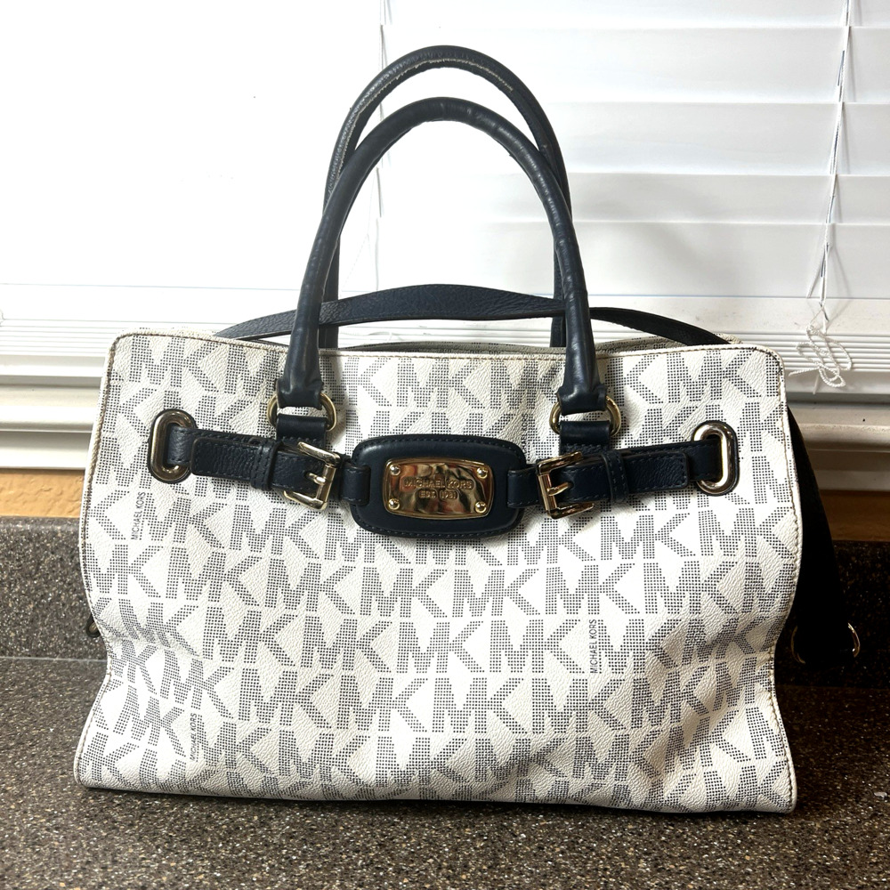 Michael Kors Jet Set White/Blue Logo Satchel Shoulder Handbag Gold Hardware Larg